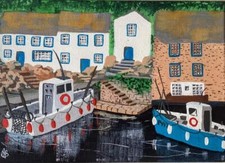 Polperro Boats Naive Original Northern Oil Painting on Canvas Chris Smith A4