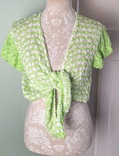 Hand Knitted Apple Green Striped Short Sleeve Crop Crochet Tie Cardigan One Size