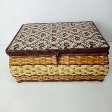 Vintage Large Wicker Sewing Basket Box Tapestry Padded Lid Pink Lined + Tray