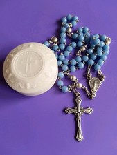 Rosary Box Italian With Blue Glass Beads Vintage Plastic 34mm Dia 