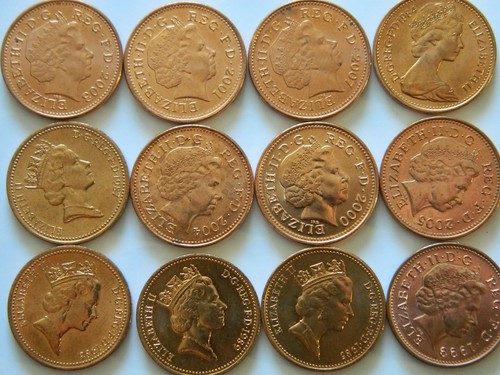 Twelve one penny coins - twelve, 12