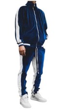 Mens velour tracksuit, blue urban street wear jogging set 2 piece