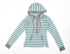 Superdry Women Grey Blue Striped Henley Hoodie Size M Cotton Blend