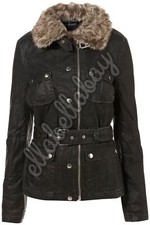 TOPSHOP Washed Black Faux Fur Collar Belted Wax Short Parka Tartan Jacket 10-12