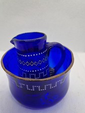 Antique Cobalt Blue Jug And Bowl Gold And White Etched Design