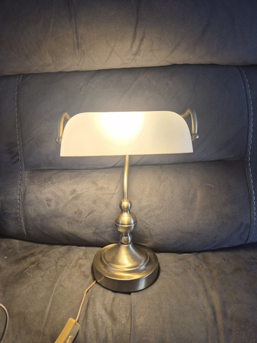 White glass bankers desk - desk, lamp