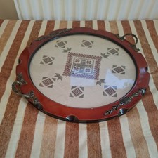 Vintage Embroidered Linen Serving Tray, Glazed Tea Tray .