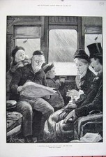 Original Old Antique Print 1881 Christmas Journey Family Railway Train Carriage