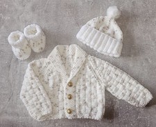 Baby's Shawl Collar Cardigan, Booties & Bobble Hat. Hand Knitted. 3m. Oatmeal.