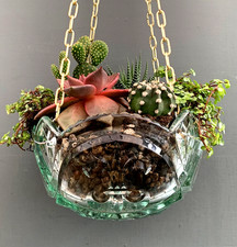 Large ANTIQUE Green Pressed Glass HANGING Open Terrarium PLANTER Plant Pot