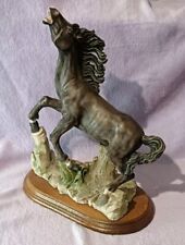 Rearing Stallion Horse Resin Statue Marked AB On Wooden Base