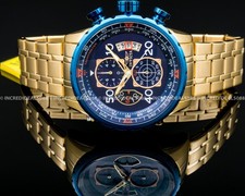 Invicta Men AVIATOR FLIGHT CHRONOGRAPH BLUE Bezel Dial 18K GOLD Bracelet Watch
