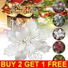 10X Christmas Large Poinsettia Glitter Flower Tree Hanging Xmas Party Decor UK