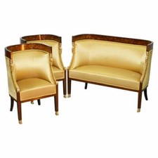 1870 FRENCH EMPIRE MARQUETRY INLAID SUITE PAIR BERGERE ARMCHAIRS & SETTEE CANAPE