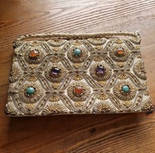 Designer Rare Van Cleef & Arpels Style Jewelled Stone Bag Clutch Gold Embroidery