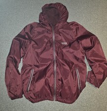 Hugo Boss Windbreaker Jacket Burgundy Shimmer Silky Hooded Top M Fit L 44" Golf