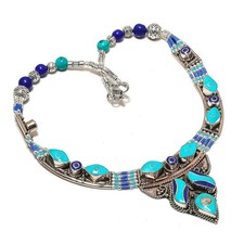 Turquoise Lapis Lazuli Gemstone Bohemian Necklace Tibetan Nepali Jewelry 18" N57