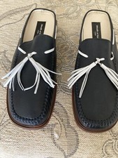 Ladies  leather navy and white leather mules with white tassels, Made In Italy.