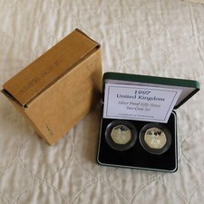 1997 50 PENCE SILVER PROOF 2 COIN SET ( OLD AND NEW )  - boxed/coa/outer