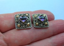 FABULOUS SUARTI BA STERLING SILVER & GOLD AMETHYST EARRINGS - 17MM STUDS - VGC