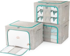 LIVIVO 3 Foldable Storage Boxes–66L with Steel Frame, Windows & Zips(Grey/Green)