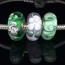 Green Flower Murano Glass Charm Bracelet Bead Set of 3 925 Sterling Silver Gift