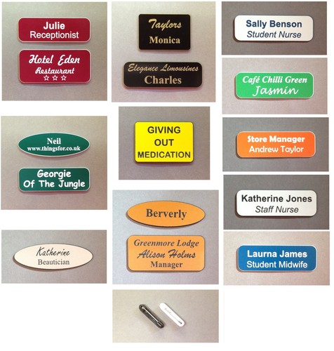 Etched name badges with - , brooch