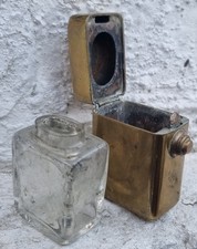 Vintage K.K. PRIV Brass Inkwell Push Button Lid Glass Bottle Military Antique.