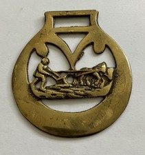 Antique Horse Brass, Horse Plough Farmer, VG Patina To Back
