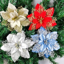 10X Large 16cm Christmas Poinsettia Glitter Flower Tree Hanging Party Xmas Decor