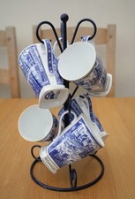 6 Ringtons Blue White Gold Millennium 2000 Fine Bone China Mugs & Blue Mug Stand