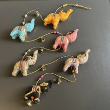 Six Lucky Fabric Elephants On A String With Bells Trunks Up Indian Wall Hanging