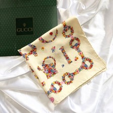 GUCCI Scarf Silk 100% Floral Off-White Red Pink Yellow Blue 47cm Vintage