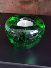 Hand Blown Art Glass Rich Green Candle Holder Bubble Glass