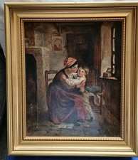 ANTIQUE VICTORIAN PAINTING OF MOTHER AND CHILD IN THEIR RUSTIC HOME.INITIALED JB