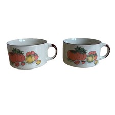 Vintage Pair of Ceramic Vegetable design Soup cup mug bowls with handle Retro