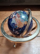 Vintage Semi-Precious Gemstone Rotating World Globe 10inch On Brass Stand
