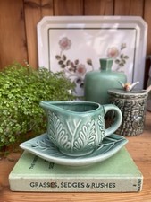 Small vintage ceramic sauce boat and saucer - mint sauce - leaf pattern 14 cm