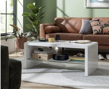 White Gloss Coffee Table Center Living Room Size with Glass