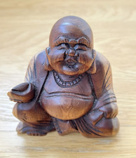 Wooden Happy Buddha Figure Ornament 9cm Chinese Laughing Sitting Hand Carved