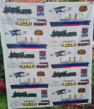 VINTAGE 60s Moygashel FABRIC Voyageur TRAINS PLANES BOATS TRAVEL theme