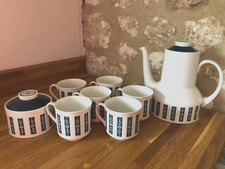 Royal Doulton MOONSTONE Coffee Pot Cups x 6 Sugar Bowl Blue and White Vintage