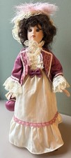 Vintage Victorian-Style Porcelain Doll – Feather Hat, Lace Dress & Purse – 15″