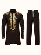 Muslim men's clothing,long-sleeved robe embroidered and printed stand-up collars