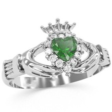 2 Ct Heart Green Diamond Irish Claddagh Anniversary Ring 14k White Gold Finish