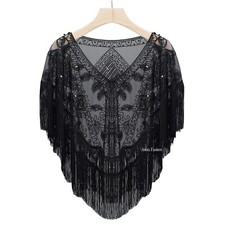 Women 1920s Sequin Shawl Wraps Art Deco Evening Cape Bridal Bolero Flap-PJ11