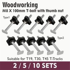 M8 T-Track T-Bolts with Thumb Nuts | 100mm | Fits T19 T30 T45 | Sets of 2, 5, 10