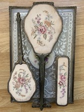 Vintage Floral Embroidered Petit Point Filigree 4 Piece Brass Dressing Table Set