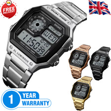 Mens Digital Sports Watch Dual Time Waterproof 50M Stainless Steel LED Stopwatch