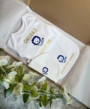 Chelsea FC Fan Cute New Born Gift Set with Baby Grow, Bib, & Beanie Hat 